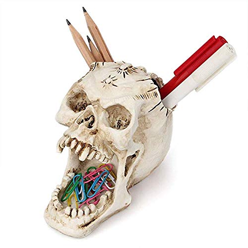Halloween Decoration Props Skeleton Head Pen Holder Table Desktop Pencil Organizer Make up Brushes Storage Box Novelty Stationery Holder Pen Tray Figure Crafts for Storing Keys Coins Cosmetics