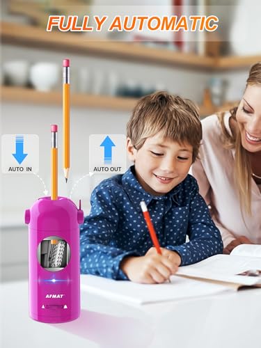 AFMAT PSX5 Electric Pencil Sharpener for Colored Pencils, Fully Automatic Robot Pencil Sharpener, Auto in & Out, Rechargeable Hands-Free Sharpener for 7-11.5mm Jumbo Pencils, Home, Classroom, Purple