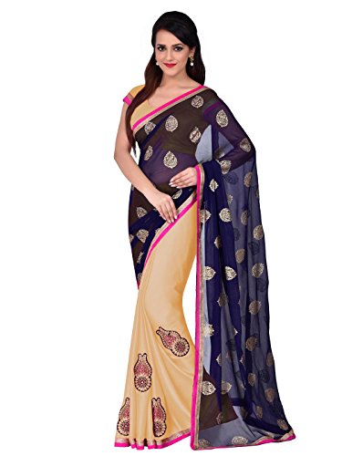 Shonaya Women's Patch & Butti Work Satin Chiffon Beige Half & Half Saree With Unstitched Blouse Piece