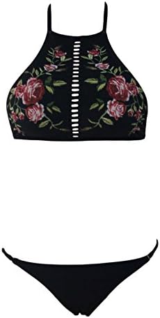 YeeATZ Stylish Floral Embroidery High Neck Bikini Swimsuit(Size,L)