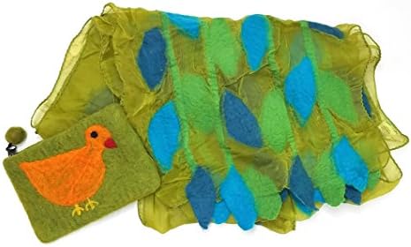 Felted Silk Long Art Scarf Plus Wool Felt Animal Design Clutch Purse Set (Green/Duck)