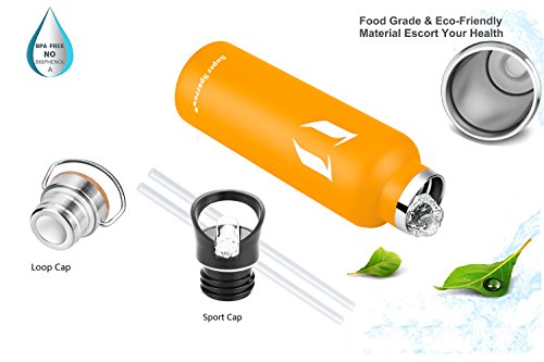 Super Sparrow Stainless Steel Vacuum Insulated Water Bottle, Double Wall Design,Standard Mouth - 500ml & 750ml - BPA Free - with 2 Exchangeable Caps + Bottle Pouch (Mango, 750ml-25oz)