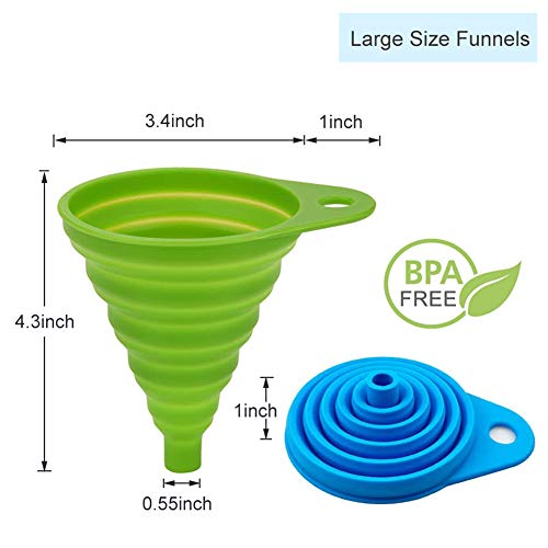 Silicone Collapsible Funnel Set of 4, 2 Small and 2 Large, Foldable Kitchen Funnel for Water Bottle Liquid Powder Transfer, Food Grade BPA free, Dishwasher Safe