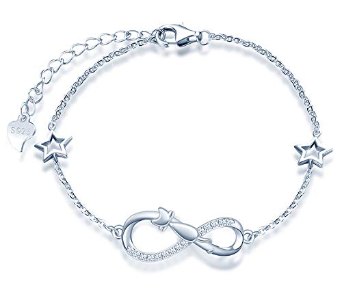 MicLee Woman's girl's Bracelet, 925 Sterling Silver bracelet, Cute cat and infinity symbol bracelet, with mini hollow star, Inlaid zircon, adjustable chain, design of animal bracelet