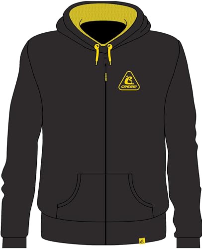 Cressi Hoodie Unisex W/Zip Black/Yellow S - Sudadera Deportiva de Manga Larga, Capucha con Cordón de Ajuste, 2 Bolsillos, Cremallera Delantera, Bordado y Logotipo, Negro/Amarillo, S, Unisex