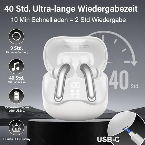 Bluetooth Headphones with Hybrid Active Noise Cancellation, In-Ear Headphones Wireless Bluetooth 5.4, 6Mic, 49 Hours Playback, Powerful Bass, 8 EQ Modes, App Control, Wireless Charging, Multipoint