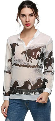Vansop Women Ink Horse Print Casual V Neck Retro Slim Chiffon Long Sleeve Shirts