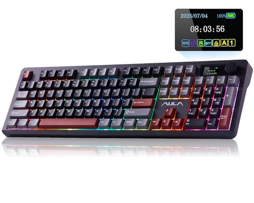 AULA F106 PRO Mechanical Wireless Keyboard,Gaming Keyboard with Knob & Screen Tri-Mode RGB Hot Swappable Custom PBT Keys with 8000mAh for PC/Laptop/Windows - Black Red
