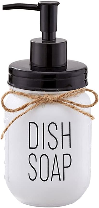 White Glass Mason Jar Dish Soap Dispenser with Black Plastic Pump and Lid - 16 Ounce Farmhouse Glass Mason Jar - Rust Proof - Rustic Kitchen Sink Countertop Home Decor