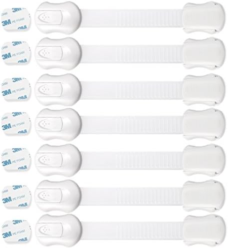 Jeeco Adjustable Baby Safety Locks, 7 Pack Child Proofing Cabinets, Drawers, Fridge, Toilet Seats, Appliances, No Drill &amp; Uses 3M Adhesive with Adjustable Strap and Latch