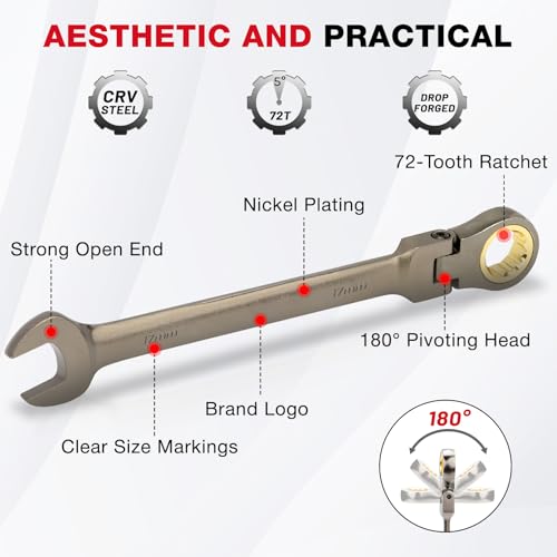 Shall 9-Piece Flex Head Ratcheting Wrench Set, 72 Metric Teeth 8-19mm, Cr-V Built, Nickel Plated with Organization Bag