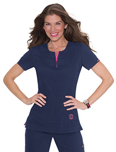 KOI Lite Women's Serenity Round Zip Neck Solid Scrub Top Large Navy