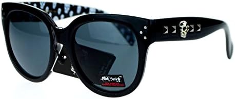 Black Society Skull Stud Womens Oversize Thick Plastic Horn Rim Sunglasses Black Skull Print