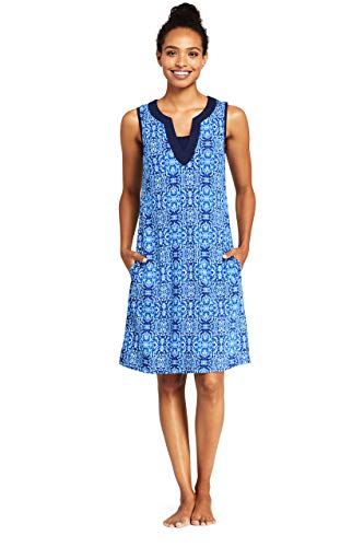 Lands' End Women's Cotton Jersey Sleeveless Swim Cover-up Dress Print Large Deep Sea/Galaxy Blue Mosaic