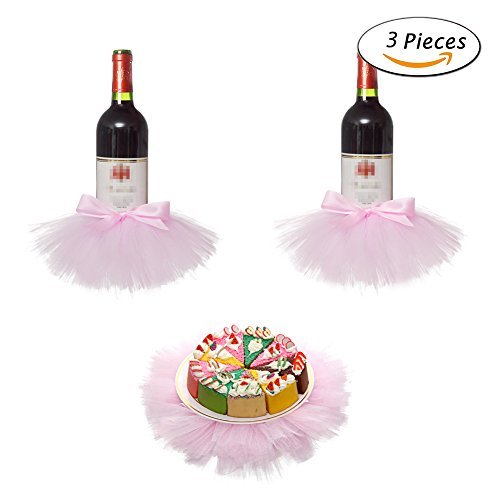 Haperlare 3pcs Elegant Red Wine Bottle Cover Tulle Wine Bottle Skirt with Glitter Gold Brims for Wedding Party Baby Shower Christmas Birthday Cake Dessert Table Decorations,Pink - Thumbnail 5
