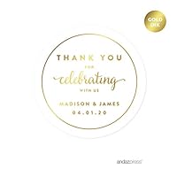 Andaz Press Personalized Round Circle Wedding Favor Gift Labels Stickers, Metallic Gold Ink, Thank You for Celebrating with US, 40-Pack, Custom Made Any Name