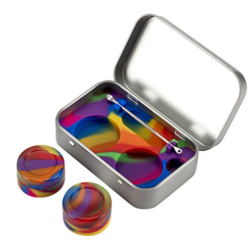 XIFEI portable stainless steel tin box 2-5ml silicone container jars，non-stick storage wax carrying case with extra stainless steel spoons (7 colors)