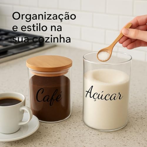 Potes Herméticos de Vidro com Tampa de Bambu 1200ml Conjunto com 2 Unidades para Café e Açúcar Transparente