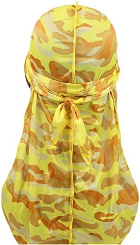 Fashion Military Camouflage Silky Durag Waves Pirate Caps Bandana Beanie Hat Turban Headwraps with Long Tail and Straps for Men and Women