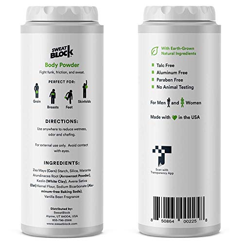SweatBlock Body Powder for Women and Men, Talc-Free Cornstarch Powder for Deodorizing, Moisture Absorption and Staying Fresh. - 4 oz