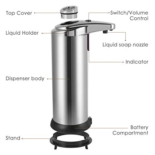 Cakie Soap Dispenser, Touchless Automatic Soap Dispenser, Infrared Motion Sensor Stainless Steel Dish Liquid Hands-Free Auto Hand Soap Dispenser, Upgraded Waterproof Base
