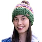 Irish Wool Bobble Beanie, Fairisle Green, Premium Wool with Fleece Lining, One Size Fits 55-61cm