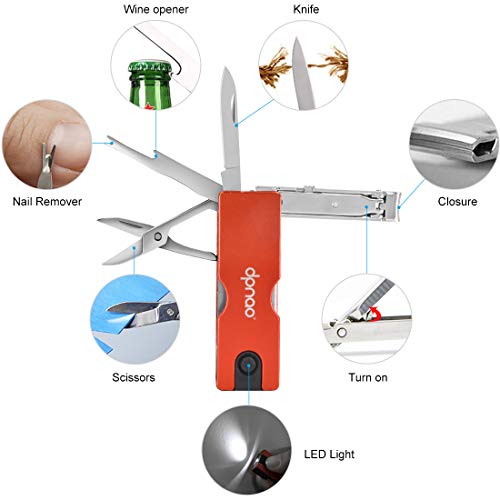 Dpnao Multitool Nail Clippers Pocket Nail File Folding Knife with Scissors Tweezers Flashlight Stainless Steel