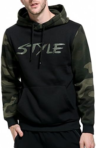 Men's Letter Printed Camouflage Hooded Sweatshirt Pullover with Kanga Pocket XXL Black