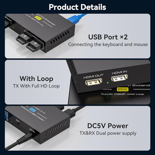 VEDINDUST HDMI KVM USB Extender 400FT 120M Extender RJ45 over Single Cat5e 6 7 Full HD 1080P60HZ Support EDID Cyclic Output for Mouse and Keyboard Remote Control