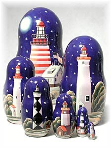 Golden Cockerel Made in Russia Lighthouses in The Night Nesting Doll 7pc/ 8” aka North American Lighthouses Collectible Babushka Russian Doll 100% Guaranteed!