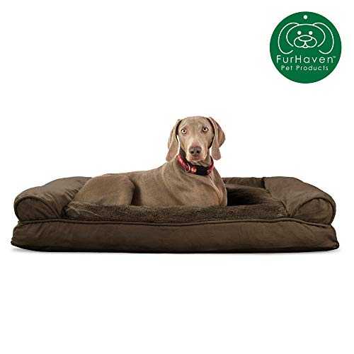 Furhaven Pet Dog Bed | Ultra Plush Faux Fur & Suede Pillow Cushion Traditional Sofa-Style Living Room Couch Pet Bed w/ Removable Cover for Dogs & Cats, Espresso, Jumbo