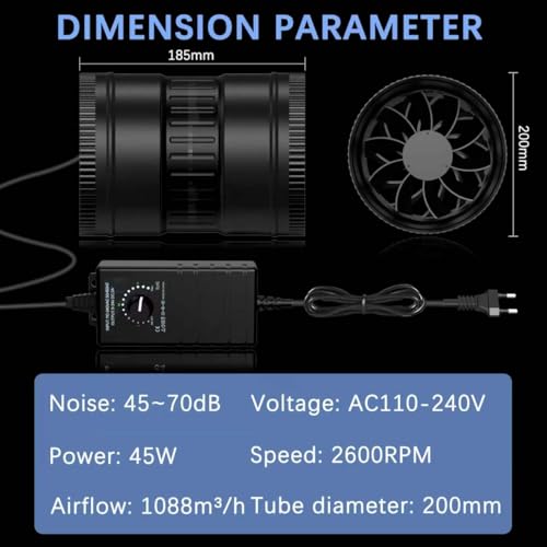 Brogachy Adjustable Duct Fan 200 mm, Pipe Fan 1088 m³/h, EC Motor Exhaust Fan 2600 RPM, for Heating, Cooling, Boosters, Growth Tents, Hydroponics, Home Use, Ventilation