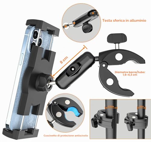 Porta Tablet Manubrio Regolabile [Forte Stabilità e Durata] Supporto Tablet per Passeggino Bicicletta Scooter Barca, Morsetto Tubo Palo Asta per iPad Mini Air Pro, Kindle, Galaxy, Cellulare, 4-13"