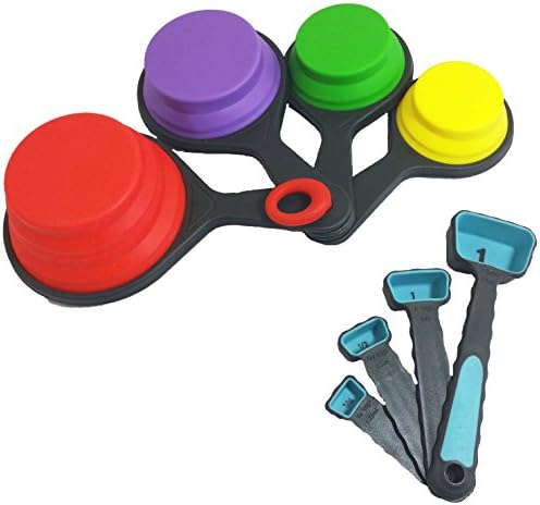Measuring Spoons and Measuring Cups that are Collapsible Silicone for Space Saving Kitchen Storage, Great for Camper, Dorm Room or Cabin, by KookNook (Blue Teaspoon & Tablespoon)