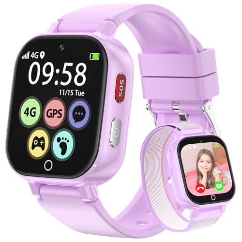 Alutoria Children's Smartwatch with 4G GPS Phone Video Call Voice Chat Pedometer SOS Alarm Clock for Girl and Boy 4-12 Years Gift Purple