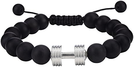 CheersLife Stainless Steel Dumbell Barbell Mens Beaded Bracelets Adjustable Balancing Fitness Charm 10mm Gemstone