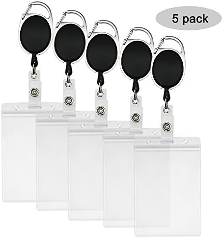 5Packs Heavy Duty ID Card Badge Holder With Retractable Reels Clips,Waterproof PVC ID Card Holder, Vertical Style, Clear, By CYPES