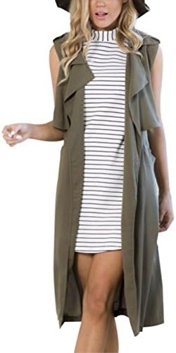 ELINKMALL Women's British Style Lapel Collar Long Windbreaker Parka Sleeveless Trench Vest Cardigan