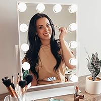Vanity Mirror with Lights - Professional Makeup Mirror & Lighted Vanity Makeup Table Set with Smart Touch Adjustable LED Lights - White Hollywood Vanity Mirror - Digital Clock & Steel Frame by Estala