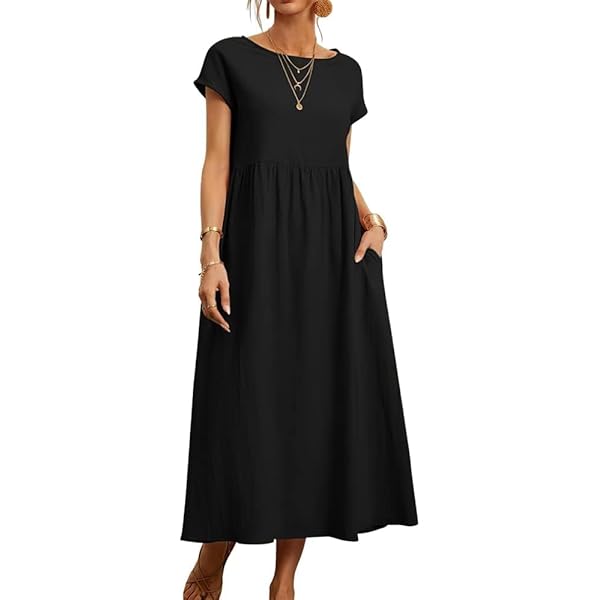 Amazon.com: Solid Color Loose Cotton and Linen Dress for Women Crew Neck Long  Pleated Dress with Pockets Linen Short Sleeve Dress (Black,S) : Clothing,  Shoes & Jewelry