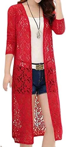 KLJR Women Solid Color Beach Open-Front Longline Shawl Lace Lightweight Cardigan Coat