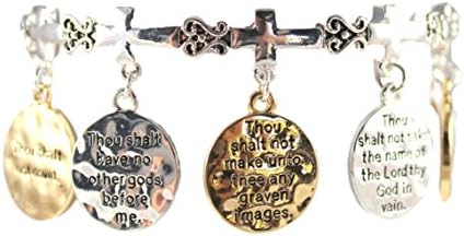 Ten Commandment Coin Charm Bracelet Stretch Silver and Gold Tone Includes Bookmark