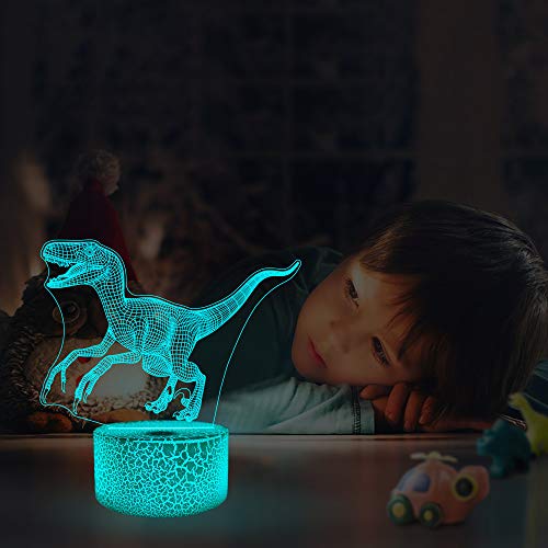 3D Night Light Jurassic Dinosaur Velociraptor Raptor LED Nightlight Baby Nursery Lamp for Kids' Room Xmas Birthday Gifts with Remote Control 16 Color Changing