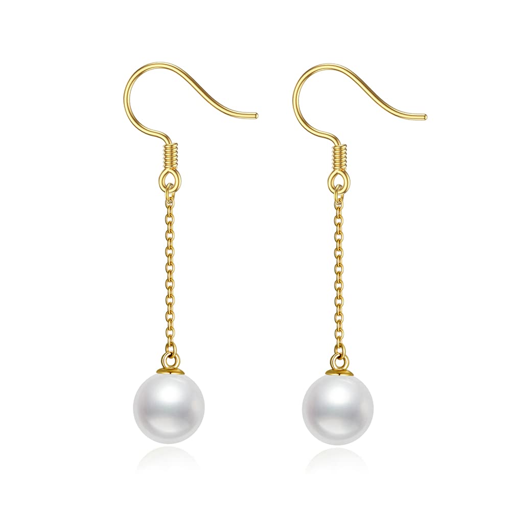 SISGEM 9 ct Gold Pearl Earrings, Solid Yellow Gold 7 mm Freshwater Cultured Pearl Dangly Earrings with Fishhook, for Women Girls Ladies Mum Sisters