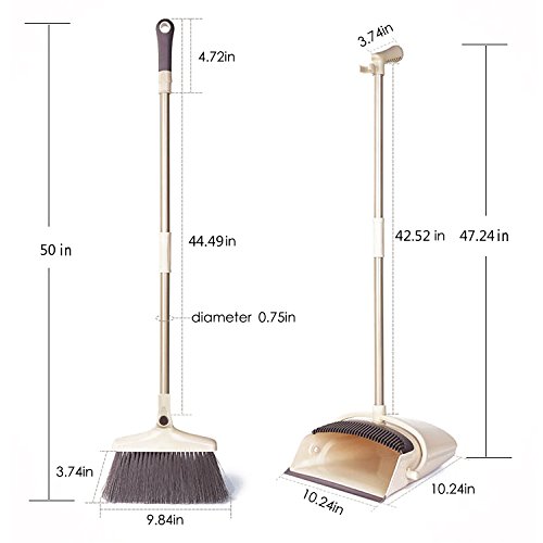 Extended Broom and Dustpan Set- 50" Long Handle Rotatable Self Cleaning Broom and Dust Pan with Long Handle, Standing Upright Grips Sweep Set with Lobby Broom Combo Set for Kitchen Garden Garage-Beige
