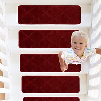 RainDecor Stair Treads Trellis Design Soft Carpet Surface with Slip Resistant Rubber Backing Machine Washable, Burgundy, 8 ½ inch X 27 ½ inch, 13 Pcs Set
