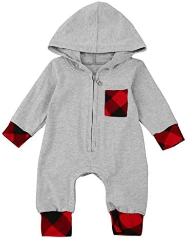 Hevoiok Clearance Newborn Infant Baby Boy & Girl Romper Plaid Hooded Zipper Jumpsuits