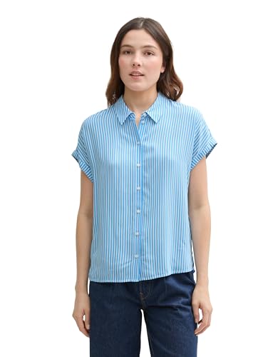 TOM TAILOR Denim Blusa de Manga Corta para Mujer con Estampado, 37811 - Vertical Blue White Stripe, L