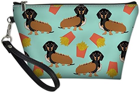 UFDIS Ladies Hanging Small Brushes Bags Cute French Fries Puppy Dachshund Printing Storage Case Pu Bags