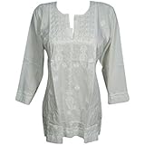 Mogul Interior Womens Indian Tunic Shirt Hand Floral Embroidered Top Blouse Beach Cover up (Chest : 40)